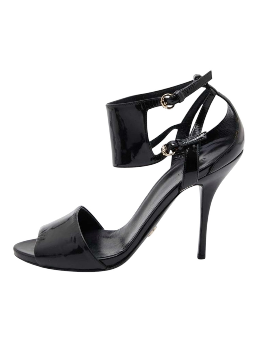 Gucci black patent ankle strap sandal heels